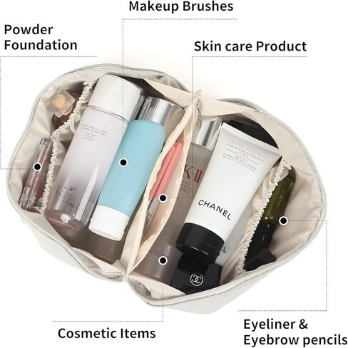 Ladies makeup bag, large capacity travel makeup bag, portable flat large opening makeup bag, waterproof makeup bag, can accommodate toiletries and cosmetics (Double zipper Pink) in Saudi Arabia
