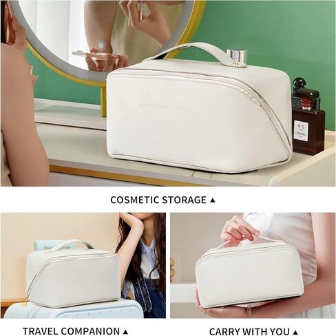 Ladies makeup bag, large capacity travel makeup bag, portable flat large opening makeup bag, waterproof makeup bag, can accommodate toiletries and cosmetics (Double zipper Pink) in Saudi Arabia