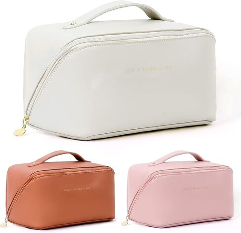 Ladies makeup bag, large capacity travel makeup bag, portable flat large opening makeup bag, waterproof makeup bag, can accommodate toiletries and cosmetics (Double zipper Pink) in Saudi Arabia