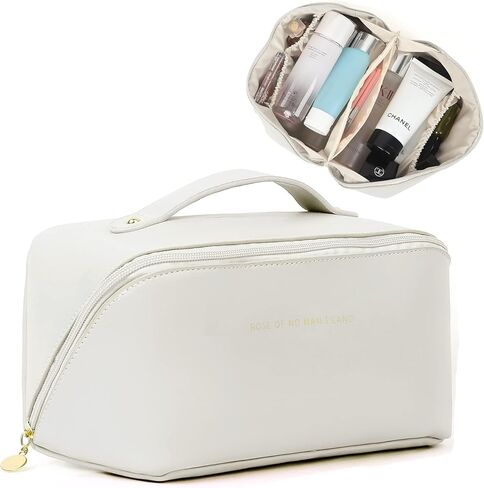 Ladies makeup bag, large capacity travel makeup bag, portable flat large opening makeup bag, waterproof makeup bag, can accommodate toiletries and cosmetics (Double zipper Pink) in Saudi Arabia