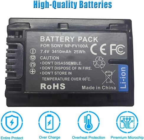 بطارية بديلة NP-FV100A متوافقة مع بطارية كاميرا الفيديو NP-FV30، NP-FV50، NP-FV50A، NP-FV70، NP-FV70A، NP-FV100، NP-FV100A، 7.4 فولت 3410 مللي أمبير في الساعة بقدرة 25 وات في الساعة in Kuwait