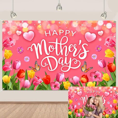 Pink Happy Mothers Day Banner Backdrop 5.9×3.6Ft Romantic Tulip Mothers Day Backdrop Banner for Photography Pink Heart Flowers Mother's Day Decorations 71×43inch（Polyester） in Saudi Arabia