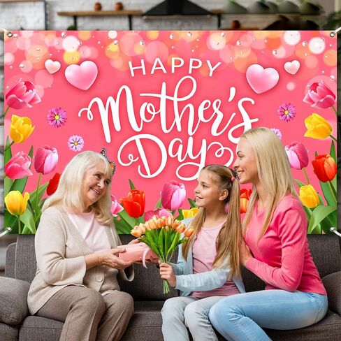 Pink Happy Mothers Day Banner Backdrop 5.9×3.6Ft Romantic Tulip Mothers Day Backdrop Banner for Photography Pink Heart Flowers Mother's Day Decorations 71×43inch（Polyester） in Saudi Arabia