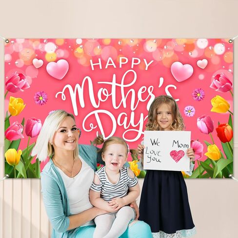 Pink Happy Mothers Day Banner Backdrop 5.9×3.6Ft Romantic Tulip Mothers Day Backdrop Banner for Photography Pink Heart Flowers Mother's Day Decorations 71×43inch（Polyester） in Saudi Arabia