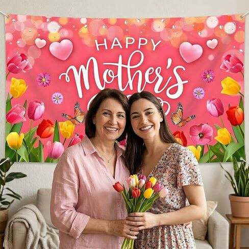 Pink Happy Mothers Day Banner Backdrop 5.9×3.6Ft Romantic Tulip Mothers Day Backdrop Banner for Photography Pink Heart Flowers Mother's Day Decorations 71×43inch（Polyester） in Saudi Arabia