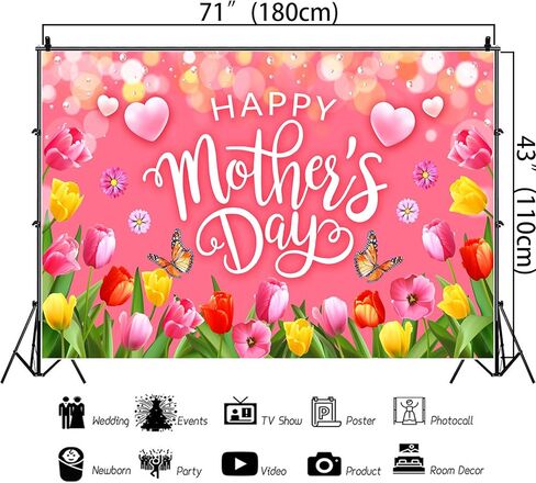 Pink Happy Mothers Day Banner Backdrop 5.9×3.6Ft Romantic Tulip Mothers Day Backdrop Banner for Photography Pink Heart Flowers Mother's Day Decorations 71×43inch（Polyester） in Saudi Arabia