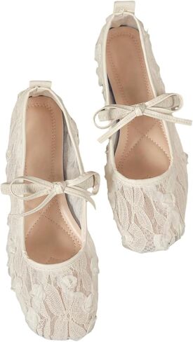 OYOANGLE Women's Floral Lace Mesh Ballet Flats Comfortable Dressy Square Closed Toe Bow Dress Shoes in Saudi Arabia