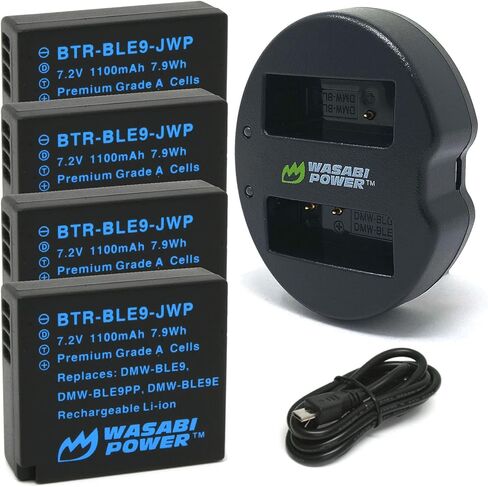 بطارية طاقة واسابي (4 عبوات) وشاحن مزدوج لباناسونيك DMW-BLE9، DMW-BLG10 وDMC-GF5، DMC-GF6، DMC-GX7، DMC-GX85، DC-GX9، DC-G100، DC-G110، DMC-LX100، DMC-LX100 II، DMC-ZS100، DMC-ZS200 in Kuwait