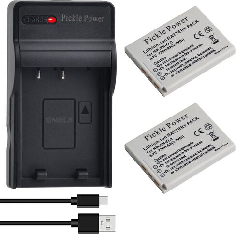 بطارية وشاحن Pickle Power 2-Pack EN-EL8 لنيكون Coolpix P1 P2 S1 S2 S3 S5 S6 S7 S7c S8 S9 S50 S51 S51c S52 S52c، Cool-Station MV-11، MV-12 in Kuwait