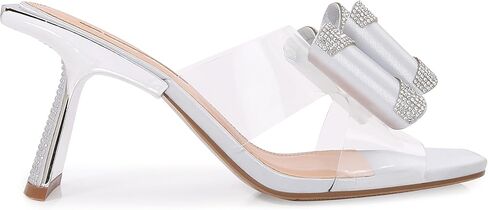 Lady Couture Fantasy Sculptural Heel Sandals with Clear Band and Rhinestone Bow Details – Square Toe Slip-On 3-Inch Dress Heels in Saudi Arabia