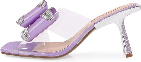 Lady Couture Fantasy Sculptural Heel Sandals with Clear Band and Rhinestone Bow Details – Square Toe Slip-On 3-Inch Dress Heels in Saudi Arabia