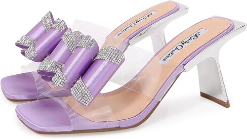Lady Couture Fantasy Sculptural Heel Sandals with Clear Band and Rhinestone Bow Details – Square Toe Slip-On 3-Inch Dress Heels in Saudi Arabia