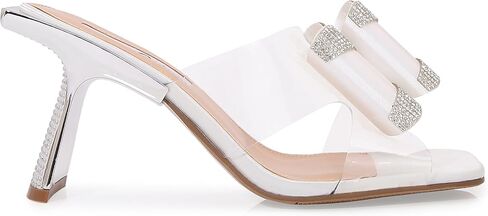 Lady Couture Fantasy Sculptural Heel Sandals with Clear Band and Rhinestone Bow Details – Square Toe Slip-On 3-Inch Dress Heels in Saudi Arabia