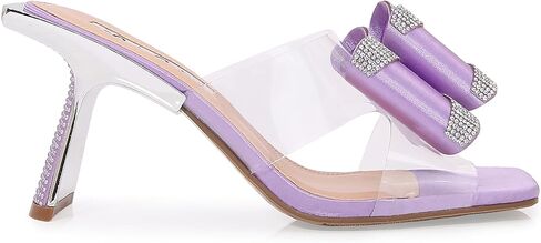 Lady Couture Fantasy Sculptural Heel Sandals with Clear Band and Rhinestone Bow Details – Square Toe Slip-On 3-Inch Dress Heels in Saudi Arabia