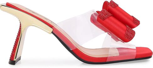 Lady Couture Fantasy Sculptural Heel Sandals with Clear Band and Rhinestone Bow Details – Square Toe Slip-On 3-Inch Dress Heels in Saudi Arabia