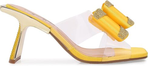 Lady Couture Fantasy Sculptural Heel Sandals with Clear Band and Rhinestone Bow Details – Square Toe Slip-On 3-Inch Dress Heels in Saudi Arabia