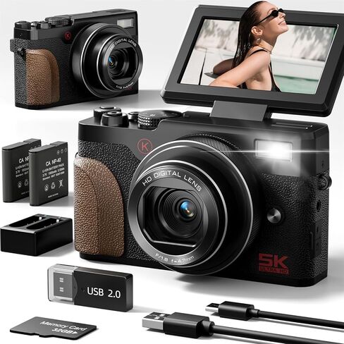 كاميرات رقمية NBD 5K للتركيز التلقائي للتصوير الفوتوغرافي، وكاميرات تسجيل فيديو بدقة 64 ميجابكسل لليوتيوب، وكاميرا سفر بتكبير رقمي 18X مع مقاومة للاهتزاز، وبطاريتين، وبطاقة TF سعة 32 جيجابايت (أسود) in Kuwait