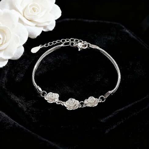 925 Sterling Silver Bracelets for Women Elegant Rose Flower Bracelets Silver Flower Bracelet Fashion Jewelry Gifts for Wife Mom in Saudi Arabia