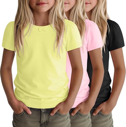 3 Pack Girl's Short Sleeve T-Shirts Casual Bow Crewneck Shirt Solid Cute Tee Soft Summer Tops Basic Kids Clothes in Saudi Arabia