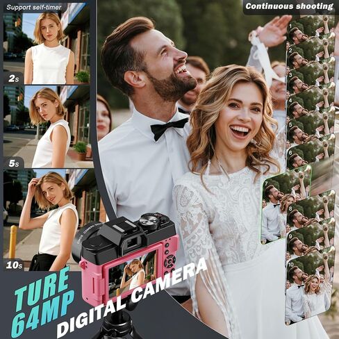 كاميرات رقمية 8K للتصوير الفوتوغرافي بدقة 64 ميجابكسل - تركيز تلقائي للتكبير 16 مرة، واي فاي، شاشة قلاب 180 درجة مع عدسة واسعة الزاوية وماكرو، كاميرا تسجيل فيديو للسفر على اليوتيوب مع بطاقة TF سعة 64 جيجابايت، بطاريتان وميكروفون (وردي) in Kuwait