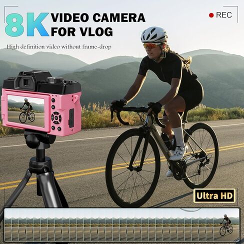 كاميرات رقمية 8K للتصوير الفوتوغرافي بدقة 64 ميجابكسل - تركيز تلقائي للتكبير 16 مرة، واي فاي، شاشة قلاب 180 درجة مع عدسة واسعة الزاوية وماكرو، كاميرا تسجيل فيديو للسفر على اليوتيوب مع بطاقة TF سعة 64 جيجابايت، بطاريتان وميكروفون (وردي) in Kuwait