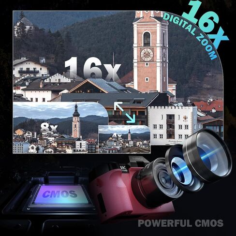 كاميرات رقمية 8K للتصوير الفوتوغرافي بدقة 64 ميجابكسل - تركيز تلقائي للتكبير 16 مرة، واي فاي، شاشة قلاب 180 درجة مع عدسة واسعة الزاوية وماكرو، كاميرا تسجيل فيديو للسفر على اليوتيوب مع بطاقة TF سعة 64 جيجابايت، بطاريتان وميكروفون (وردي) in Kuwait