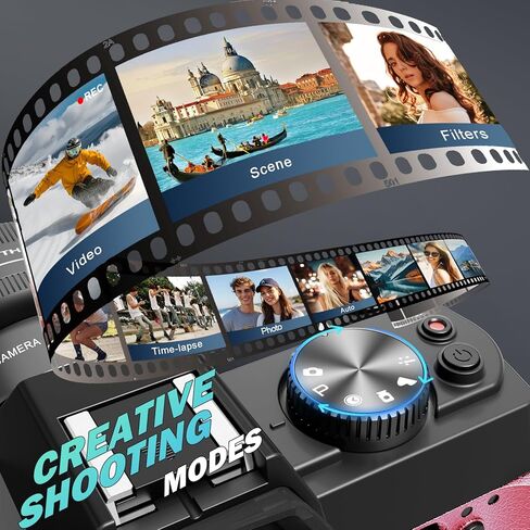 كاميرات رقمية 8K للتصوير الفوتوغرافي بدقة 64 ميجابكسل - تركيز تلقائي للتكبير 16 مرة، واي فاي، شاشة قلاب 180 درجة مع عدسة واسعة الزاوية وماكرو، كاميرا تسجيل فيديو للسفر على اليوتيوب مع بطاقة TF سعة 64 جيجابايت، بطاريتان وميكروفون (وردي) in Kuwait