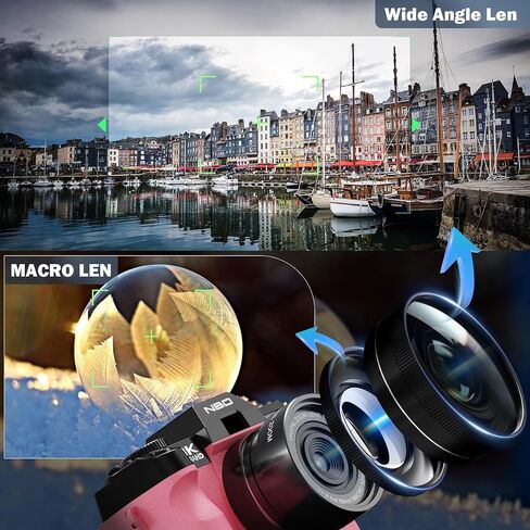 كاميرات رقمية 8K للتصوير الفوتوغرافي بدقة 64 ميجابكسل - تركيز تلقائي للتكبير 16 مرة، واي فاي، شاشة قلاب 180 درجة مع عدسة واسعة الزاوية وماكرو، كاميرا تسجيل فيديو للسفر على اليوتيوب مع بطاقة TF سعة 64 جيجابايت، بطاريتان وميكروفون (وردي) in Kuwait