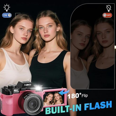 كاميرات رقمية 8K للتصوير الفوتوغرافي بدقة 64 ميجابكسل - تركيز تلقائي للتكبير 16 مرة، واي فاي، شاشة قلاب 180 درجة مع عدسة واسعة الزاوية وماكرو، كاميرا تسجيل فيديو للسفر على اليوتيوب مع بطاقة TF سعة 64 جيجابايت، بطاريتان وميكروفون (وردي) in Kuwait