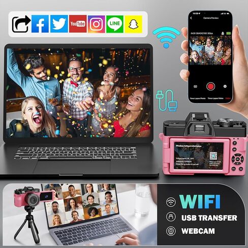 كاميرات رقمية 8K للتصوير الفوتوغرافي بدقة 64 ميجابكسل - تركيز تلقائي للتكبير 16 مرة، واي فاي، شاشة قلاب 180 درجة مع عدسة واسعة الزاوية وماكرو، كاميرا تسجيل فيديو للسفر على اليوتيوب مع بطاقة TF سعة 64 جيجابايت، بطاريتان وميكروفون (وردي) in Kuwait