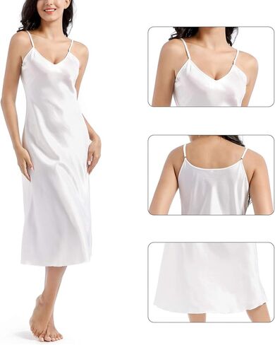 MINEEE Womens Satin Nightgown Long Slip Sleep Dress Silk V Neck Nightgowns For Women in Saudi Arabia
