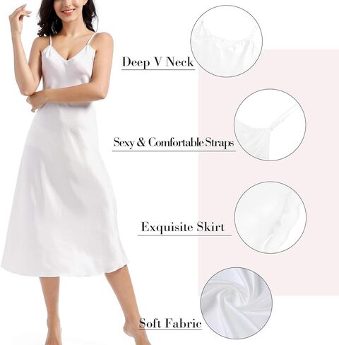 MINEEE Womens Satin Nightgown Long Slip Sleep Dress Silk V Neck Nightgowns For Women in Saudi Arabia