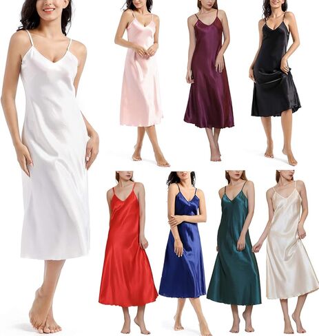 MINEEE Womens Satin Nightgown Long Slip Sleep Dress Silk V Neck Nightgowns For Women in Saudi Arabia