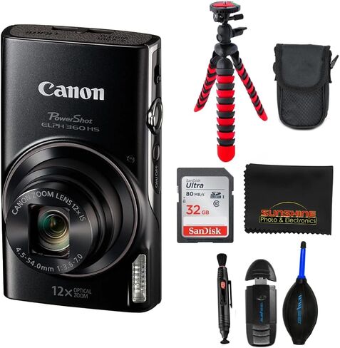 كاميرا Canon PowerShot ELPH 360 HS الرقمية (أسود) - 20.2 ميجابكسل CMOS، تكبير بصري 12x، فيديو عالي الدقة 1080 بكسل، Wi-Fi وNFC (مع حزمة ملحقات Sunshine Photo Deluxe) in Kuwait