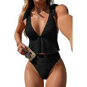 Verdusa Women's 2 Piece Tankini Swimsuits Textured Bikini Sets Beach Outfits Peplum Tops with Thong Bathing Suit in Saudi Arabia