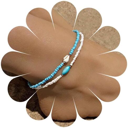 Sttiafay Boho Beaded Anklet Handmade Shell Beaded Ankle Bracelet Adjustable Stretch Ankle Chains 2Pcs Foot Jewelry for Women and Girls in Saudi Arabia