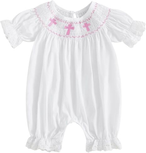 Baby Girl Baptism Outfits Cute Smocked Crosses Embroidery Short Sleeve Round Neck Jumpsuit Romper Summer Clothes in Saudi Arabia