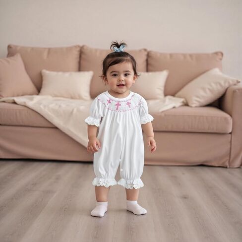 Baby Girl Baptism Outfits Cute Smocked Crosses Embroidery Short Sleeve Round Neck Jumpsuit Romper Summer Clothes in Saudi Arabia