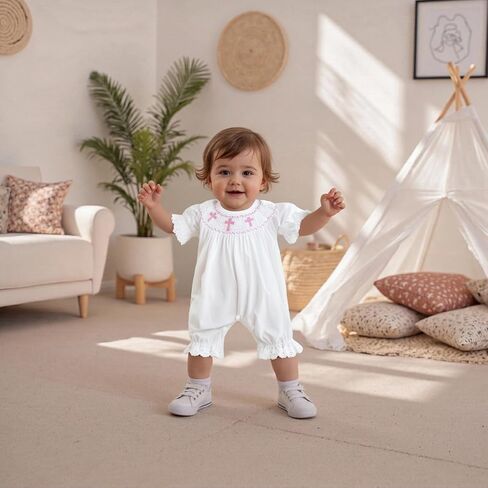 Baby Girl Baptism Outfits Cute Smocked Crosses Embroidery Short Sleeve Round Neck Jumpsuit Romper Summer Clothes in Saudi Arabia