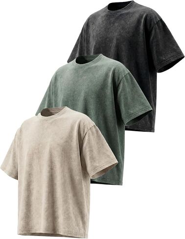 Men's Oversized Heavyweight Cotton T-Shirts, Unisex Acid Wash Thick Short Sleeve Tees Casual Baggy Crewneck Tops in Saudi Arabia