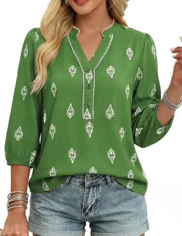 GRACE KARIN Women's V Neck Summer Casual Tops,2026 Fashion Floral Boho Shirt,Button Up 3/4 Sleeve Blouses for Vacation in Saudi Arabia