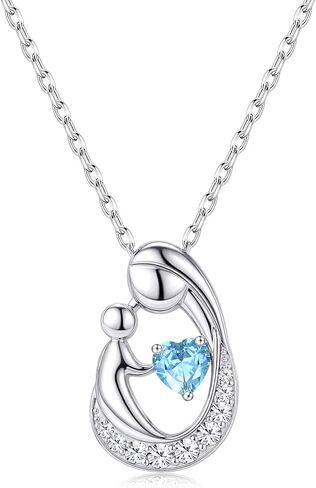 MILACOLATO Mother's Day Gifts S925 Sterling Silver Mother Daughter Necklaces 18K White Gold Filled Mom and Child Heart Birthstone Necklace Mom Pendant Necklaces for Mom New Mum Grandma Women Wife in Saudi Arabia