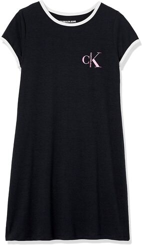 Calvin Klein Girls' Short Sleeve T-Shirt Dress, Pullover Style with Crew-Neck Neckline, Logo Detailing in Kuwait