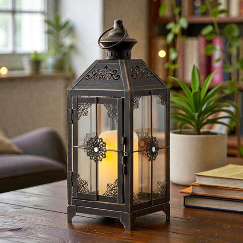 BHCJ 2-Pack Vintage Decorative Candle Lantern 12.5'' High Metal Moroccan Lantern Hanging Lantern with Hollow Pattern for Home Decorations Living Room Garden Parties Events Indoors Outdoors(Gold) in Saudi Arabia