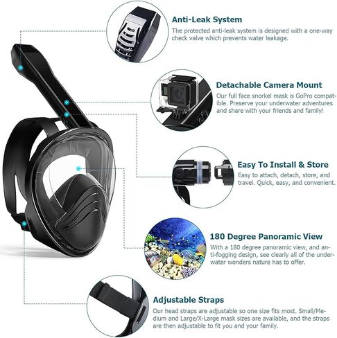 Relity Full Face Snorkel Mask with Upgraded Breathing System, Foldable 180° Panoramic View Anti-Leak Anti-Fog Snorkeling Gear for Adults with Detacha in Saudi Arabia