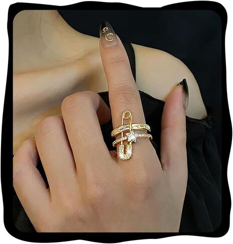 Safety Pin Ring for Women Cubic Zirconia Rings Chunky Open Rings Fashion Gold/Silver Plated Ring Hypoallergenic Stackable Rings Shine Star Crystal Rings for Women Gift in Saudi Arabia