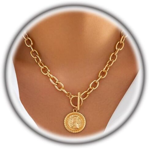 Gold Coin Pendant Choker Necklace for Women,Chunky Silver Paperclip Chain Ot Necklaces Boho Statement Collar Necklace,Charm Beach Jewelry Accessories in Saudi Arabia