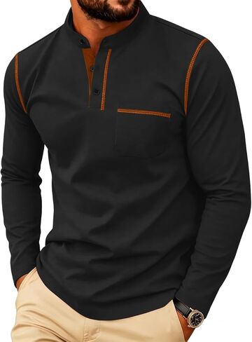 أزياء الرجال هينلي هينلي القميص تي شيرت كلاسيكي هينلي قميص الأزرار Crewneck Pullover أعلى مع جيب in Kuwait