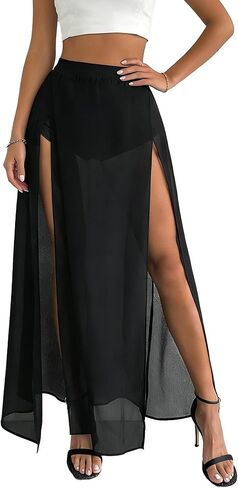 Avanova Women Double High Slit Maxi Skirt Sheer Sexy Flowy Long Skirts Beach Vacation with Shorts Underneath in Saudi Arabia