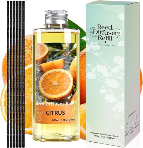 STRN Reed Diffuser Oil Refill, Citrus Scented Diffuser Oil Refills with 6 Reed Sticks 200ML(6.8fl.oz), Room Fresheners for Home, Long-Lasting Fragrance for Living Room, Bedroom, Office, Home Décor in Saudi Arabia